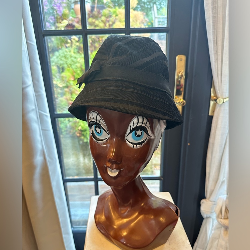 Heaslip vintage style black cloche bucket hat with ribbon and bow